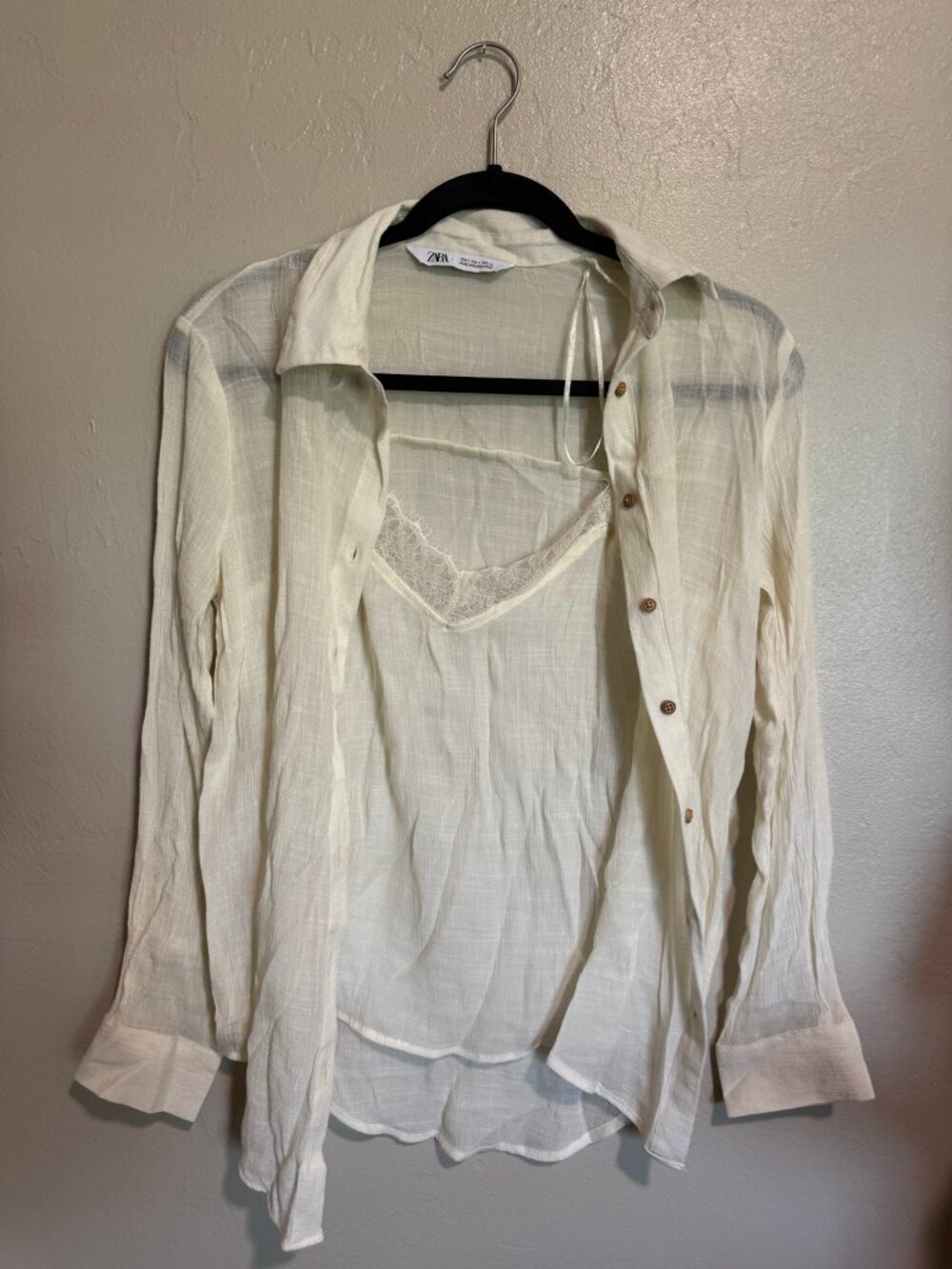 Zara Cream Layered Lace Camisole Button Down Shirt Blouse Small